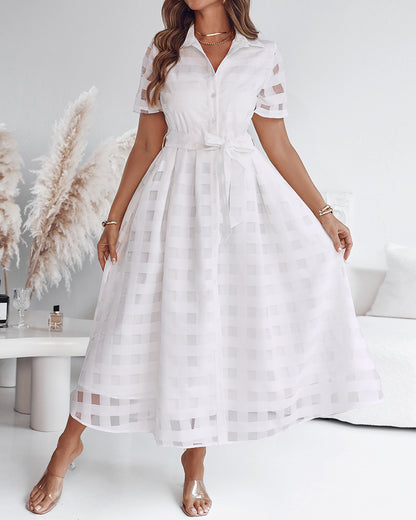 Turn-down Collar Plaid Mesh Double-Layered Cinched Waist Maxi Dress Button Down Bow Tie Waist Commuting Dress