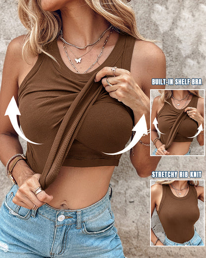 ChicMeLive Built-in Bra Ribbed Round Neck Tank Top