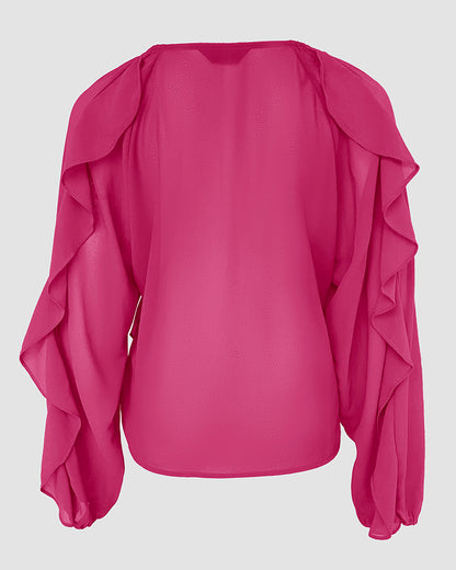V Neck Shoulder Ruffles Design Blouse Casual Button Front Long Sleeve Top