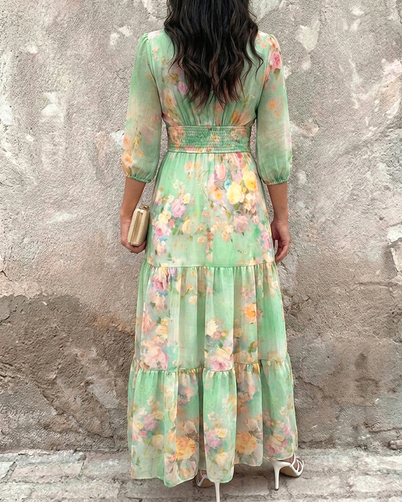 ChicMeLive Women's Watercolor Floral V-Neck Shirred High Waist Maxi Dress Three Quarters Lantern Sleeve A-Line Ruffle Hem Chiffon Vacation Dress