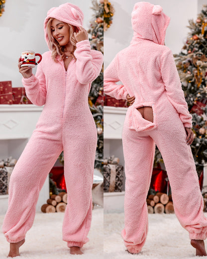 3D Ear Buttoned Flap Functional Fluffy Lounge Jumpsuit