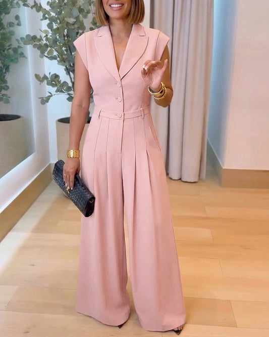 Women's Lapel V Neck Jumpsuit Cap Sleeve High Waisted Wide Leg Overalls Elegant Suit Jumpsuit