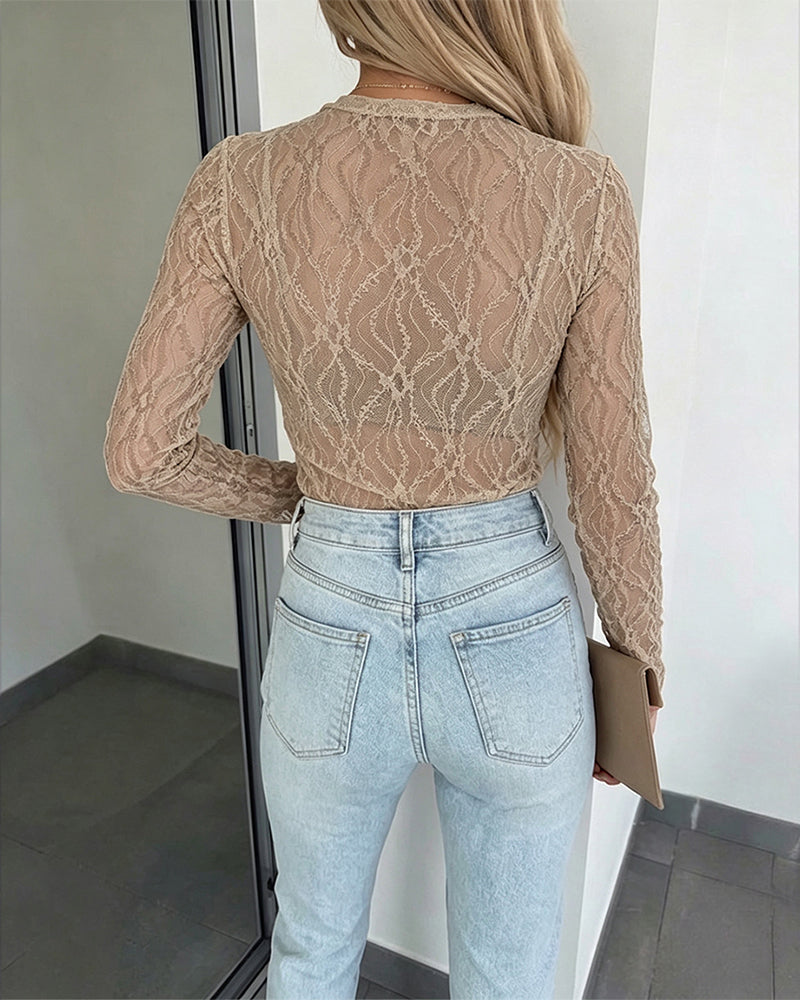 CHICMELIVE Lace Top Sheer Mesh Fitted Shirts for Women with Thumb Holes