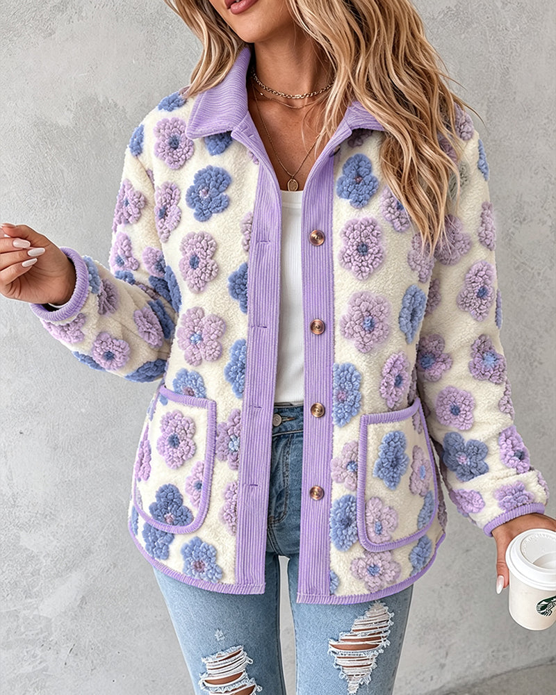 CHICMELIVE Women's Soft Floral Sherpa Jacket Corduroy Button Down Coat