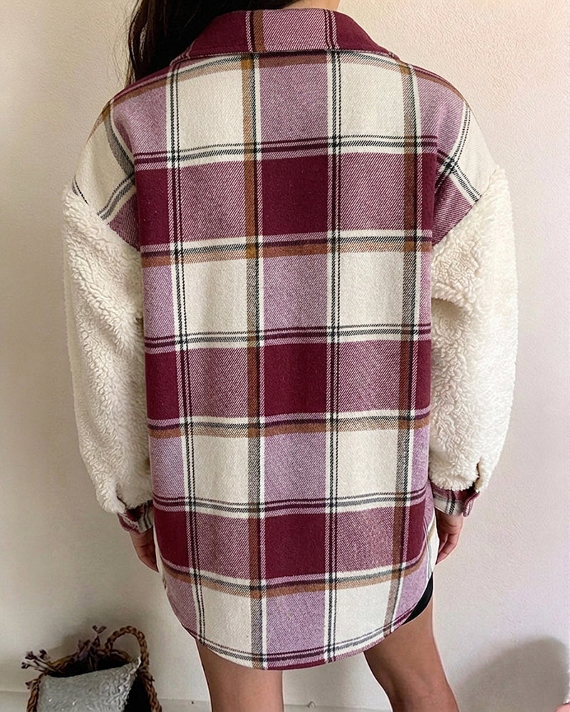 CHICMELIVE Women's Fleece Jacket Plaid Patchwork Sherpa Shacket