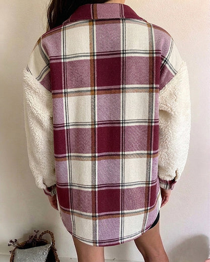 CHICMELIVE Women's Fleece Jacket Plaid Patchwork Sherpa Shacket
