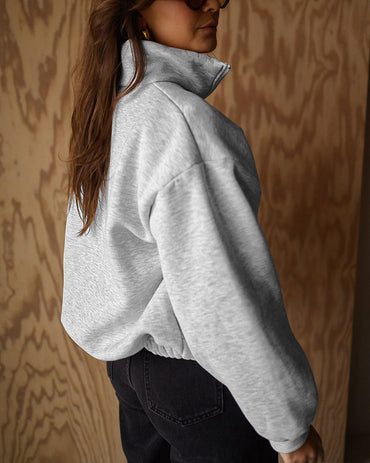 Women's Two-Way Zipper Front Stretchy Hem Coat Stand Collar Drop Shoulder Sweatshirt with Pockets