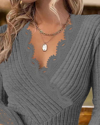 Overlap V-Neck Lace Trim Hollow-out Long Sleeve Tee Slim Fit Ribbed Layering Top