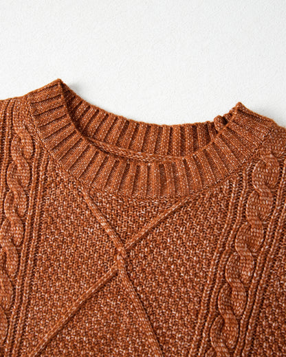 Round Neck Long Sleeve Drop Shoulder Pullover Sweater Casual Loose Fit Cable Knit Mid-length Sweater