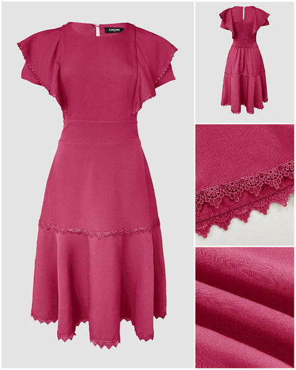 Butterfly Sleeve Hollow-out Back Shirred Dress Casual Cinched Waist Lace Trim Ruffle Hem Commuting Dress