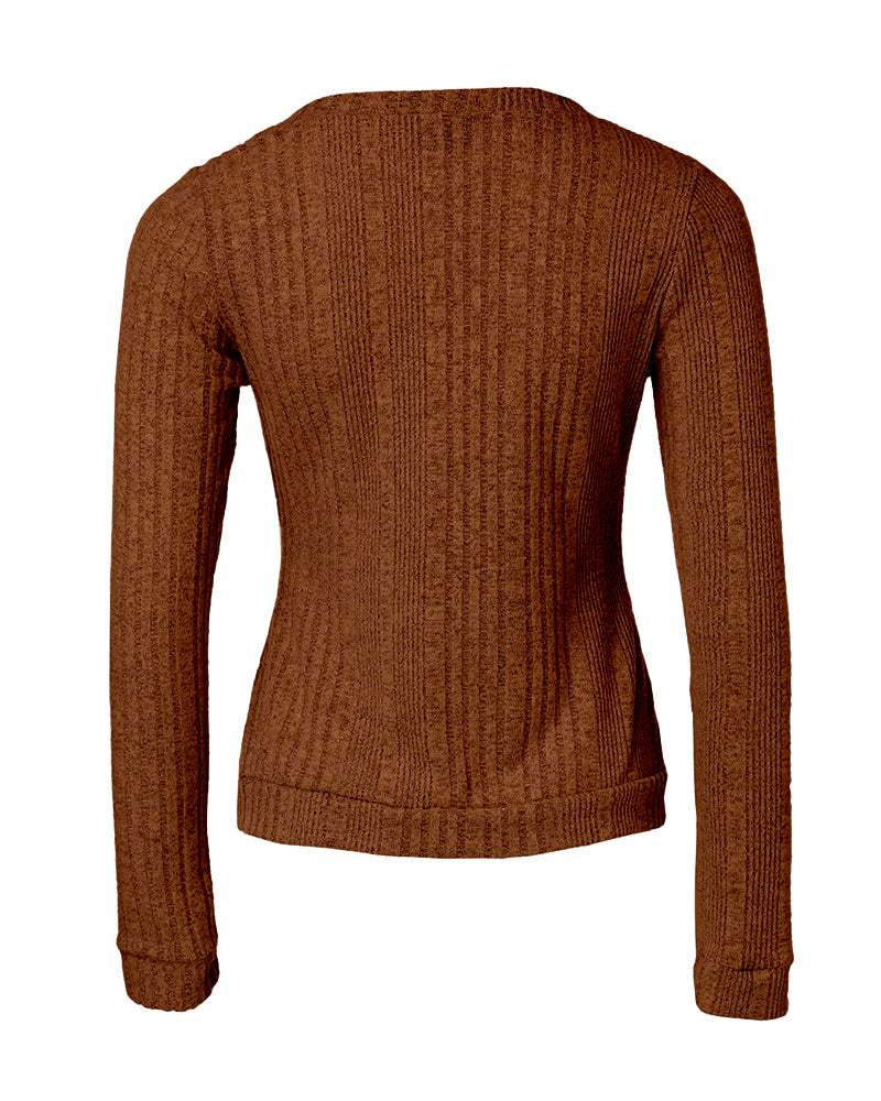 Crewneck Long Sleeve Ribbed Top Half Zipper Design Casual Pullover Tops