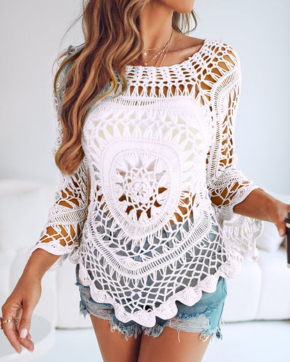 Boat Neck Batwing Sleeve Hollow-out Casual Top Asymmetrical Scallop Hem Crochet Pattern Cover Up