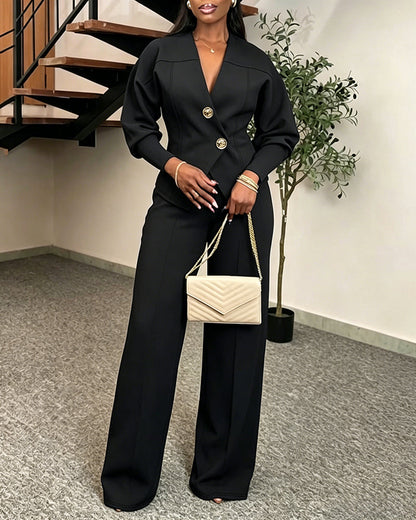 Women's 2 Piece Set V-Neck Cinched Waist Gigot Sleeve Top and High Waist Wide Leg Pants Elegant Set