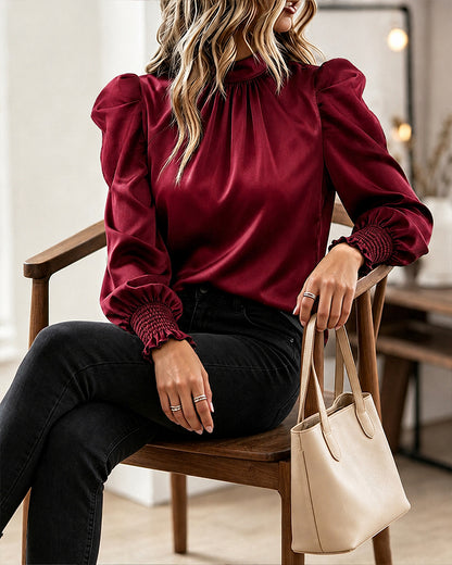 Women's Satin Blouse Mock Neck Puff Sleeve Shirt Back Tie Bow Elegant Ruched Shirt Shirred Frill Cuff Work Top