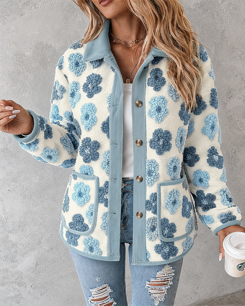 CHICMELIVE Women's Soft Floral Sherpa Jacket Corduroy Button Down Coat
