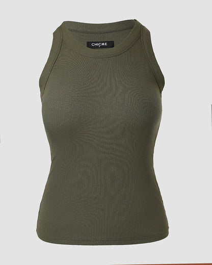 ChicMeLive Built-in Bra Ribbed Round Neck Tank Top