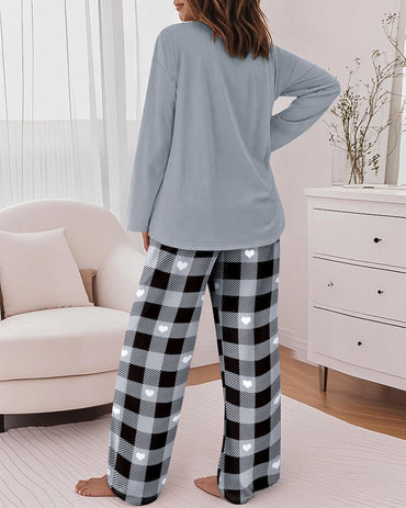 Women's 2 Piece Pajama Set Letter Print Long Sleeve Top and Plaid Heart Wide Leg Pants Casual Lounge Set