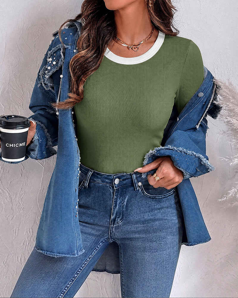 CHICMELIVE Women's Ribbed Long Sleeve Shirts Contrast Crewneck Fitted Basic Tee
