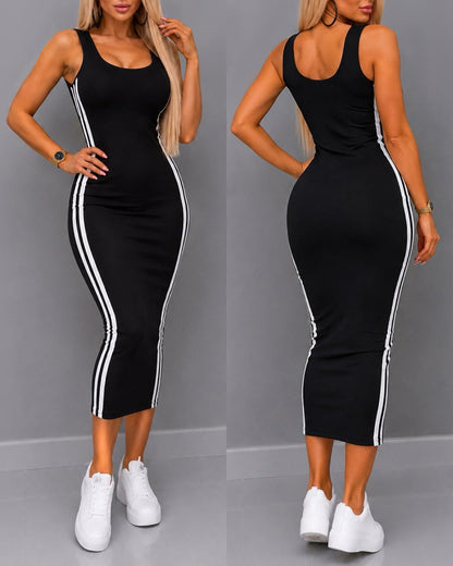 Women's U Neck Sleeveless Tank Dress Contrast Side Striped Midi Bodycon Dress Casual Backless Sundress