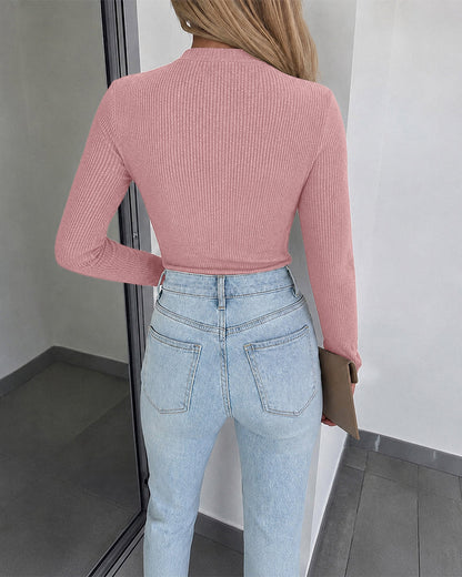 Women's Overlap V Neck Long Sleeve Ribbed Knit Top Rhinestone Side Button Ruched Slim Fit Asymmetric Hem Sweater