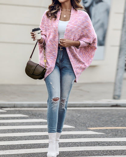 Colorful Waffle Knit Open Front Coat Batwing Long Sleeve Cardigan