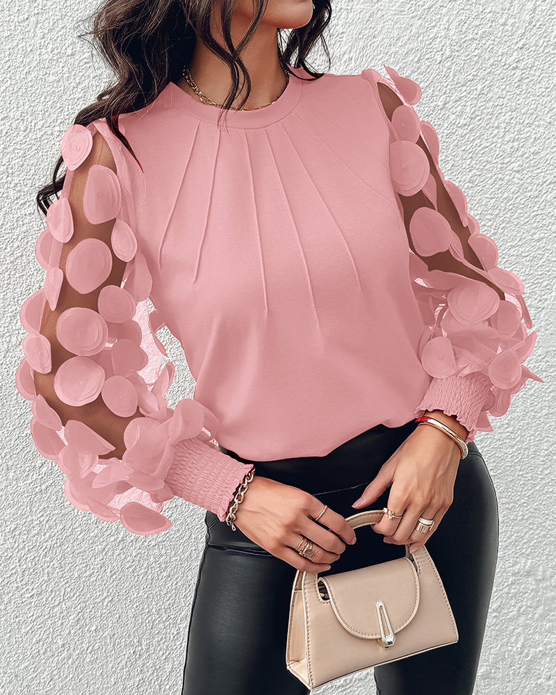 3D Polka Dot Appliques Mesh Long Sleeve Blouse Casual Shirred Cuffs Seam Front Top
