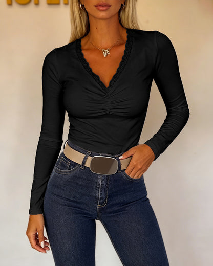 CHICMELIVE Women Lace Long Sleeve Top V Neck Fitted Shirts Fall Blouses