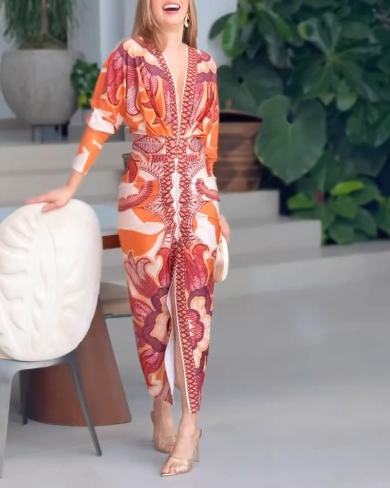 Vintage Baroque Deep V Neck Long Sleeve Slit Bodycon Dress Casual Ruched Slim Fit Vacation Dress