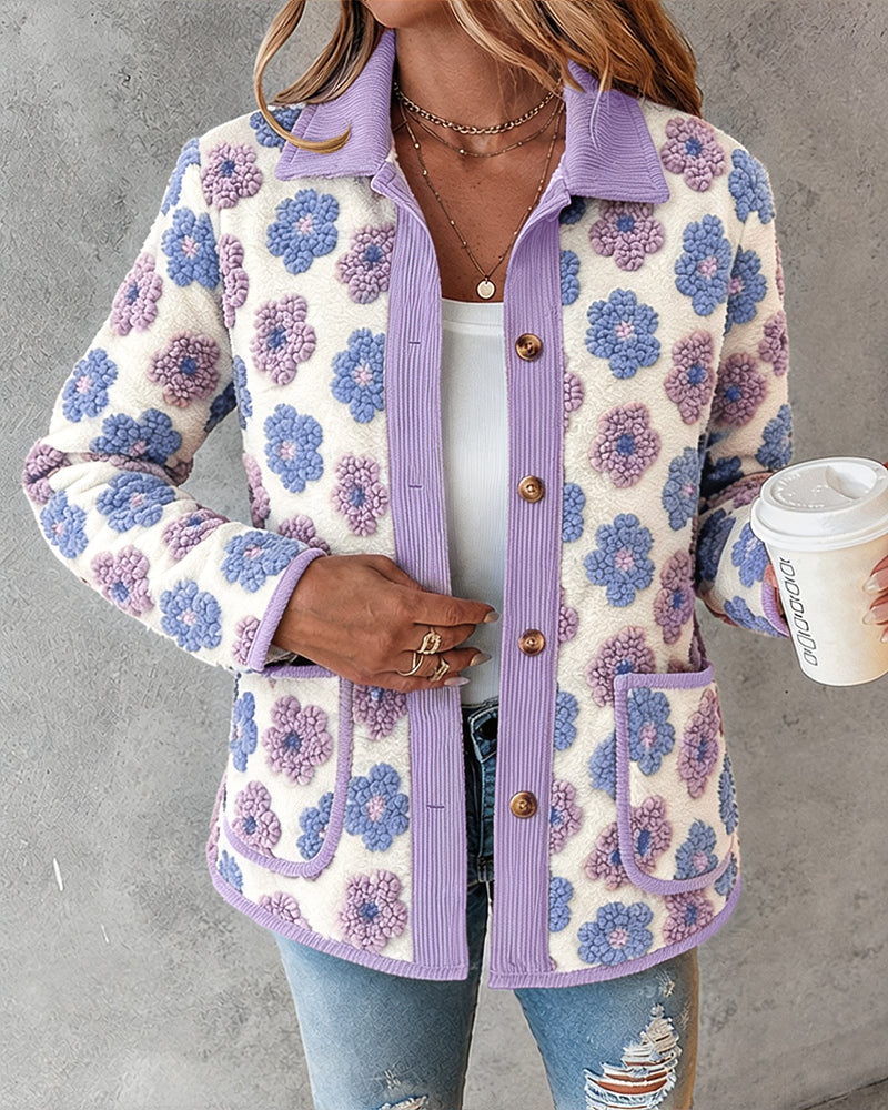 CHICMELIVE Women's Soft Floral Sherpa Jacket Corduroy Button Down Coat
