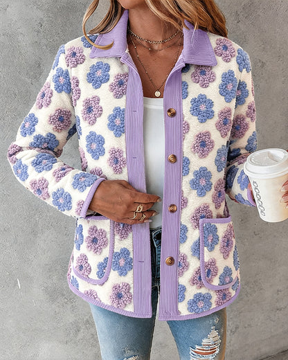 CHICMELIVE Women's Soft Floral Sherpa Jacket Corduroy Button Down Coat