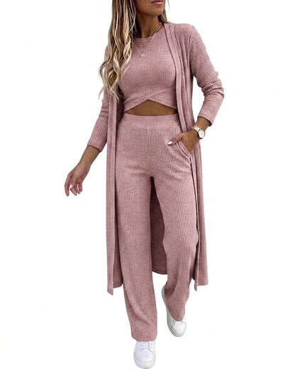 CHICMELIVE Women's 3 Piece Lounge Set Ribbed Cardigan Tank Wide Leg Pant