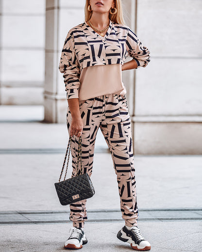 Geo Letter Print Long Sleeve Top & Pants Set