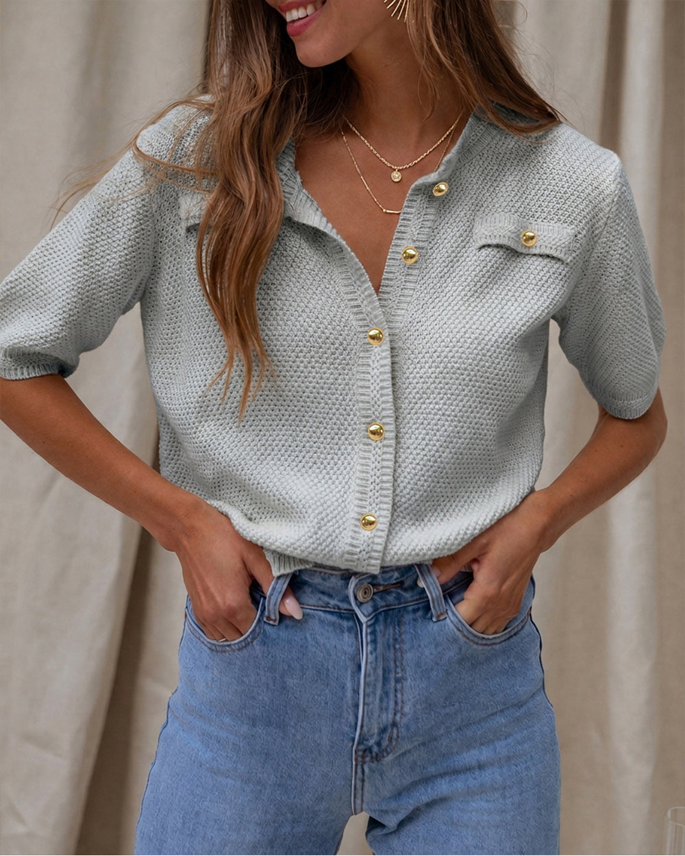 Women's Hollow Out Knit Cardigan Short Sleeve Gold Button Sweater Casual Loose Knitwear Top