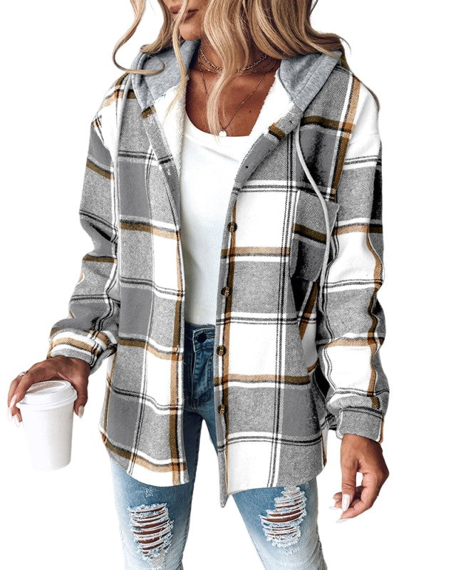 Plaid Pattern Long Sleeve Shacket Button Down Fleece Lined Hooded Jackets Warm Coat
