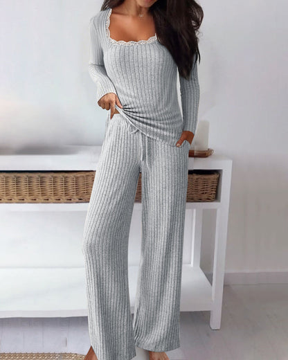 Women's Ribbed Knit Lounge Set Lace Trim Square Neck Long Sleeve Top and Straight Leg Drawstring Pants with Pockets