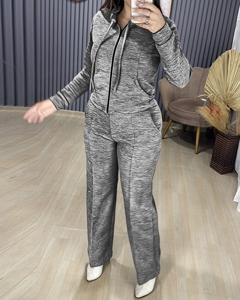 2 Pieces Outfit Long Sleeve Zip Up Drawstring Hoodie Coat and Casual Elastic Waist Seam Front Wide Leg Pants Set