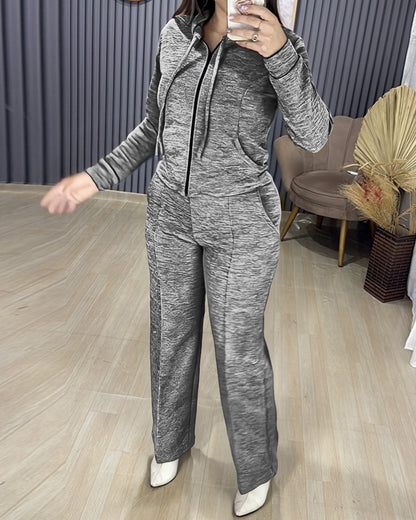 2 Pieces Outfit Long Sleeve Zip Up Drawstring Hoodie Coat and Casual Elastic Waist Seam Front Wide Leg Pants Set