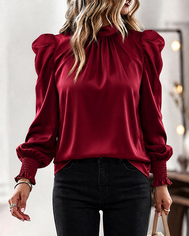 Women's Satin Blouse Mock Neck Puff Sleeve Shirt Back Tie Bow Elegant Ruched Shirt Shirred Frill Cuff Work Top