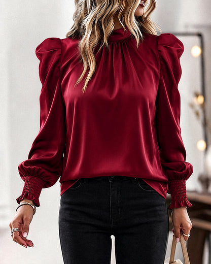 Women's Satin Blouse Mock Neck Puff Sleeve Shirt Back Tie Bow Elegant Ruched Shirt Shirred Frill Cuff Work Top