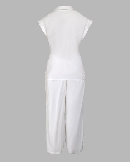 2 Pieces Outfit Turn-down Collar Cap Sleeve Button Front Tied Detail Top and Casual Zipper Fly Elastic Back Waist Wide-Leg Pants Set