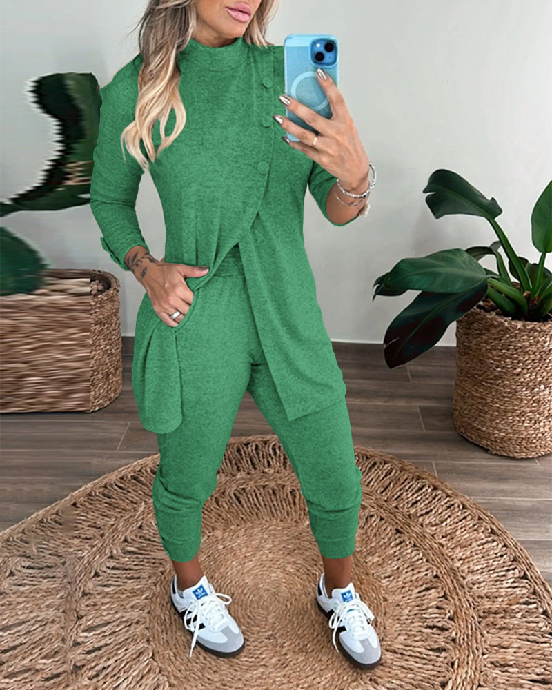 2 Pieces Outfit Mock Neck Long Sleeve Button Decor Slit Mid-Length Top and Stretchy Drawstring High Waist Slim Fit Pants Set