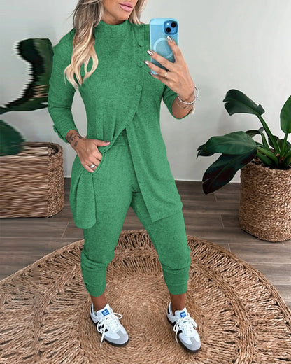 2 Pieces Outfit Mock Neck Long Sleeve Button Decor Slit Mid-Length Top and Stretchy Drawstring High Waist Slim Fit Pants Set