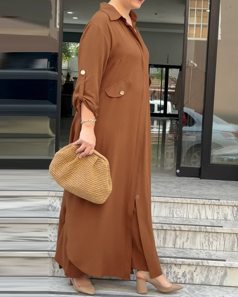 2 Pieces Outfit Turn-down Collar Turn-Up Sleeves Button Front Asymmetrical Hem Longline Blouse and Casual Elastic Waist Wide Leg Pants Set