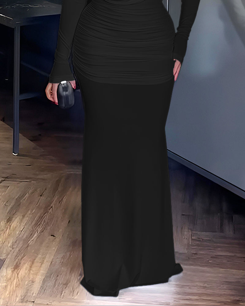 Cowl Neck Ruched Zipper Back Slim Fit Maxi Dress Casual Padded Shoulders Backless Evening Dress