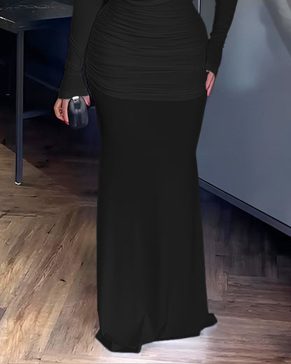 Cowl Neck Ruched Zipper Back Slim Fit Maxi Dress Casual Padded Shoulders Backless Evening Dress