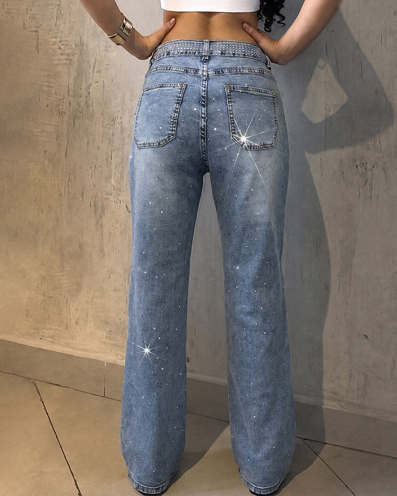 CHICMELIVE High Waisted Wide Leg Jeans for Women Rhinestone Embellished Denim Pants with Matching Sparkle Belt