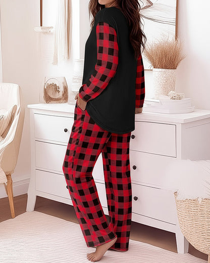 2 Pieces Outfit Rhinestone Christmas Santa Hat & Wine Glass Graphic Plaid Print Spliced Colorblock Long Sleeve Top and Plaid Print Elastic Waist Pants Set Casual Pajamas Set