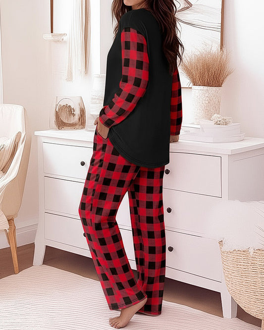 2 Pieces Outfit Rhinestone Christmas Santa Hat & Wine Glass Graphic Plaid Print Spliced Colorblock Long Sleeve Top and Plaid Print Elastic Waist Pants Set Casual Pajamas Set