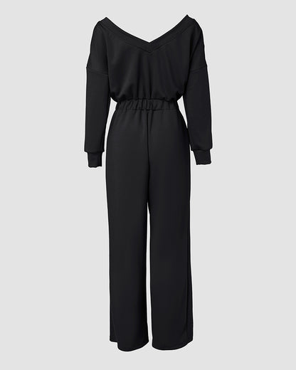 Off Shoulder V-Back Elastic Waist Pockets Design Jumpsuit Casual Drop Shoulder Cinched Waist Wide Leg Jumpsuit