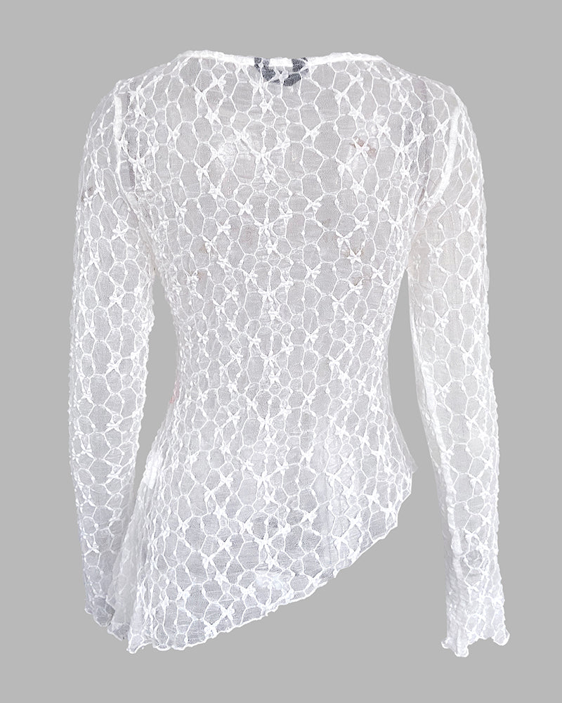 Long Sleeve Cinched Waist Asymmetrical Hem Textured Sheer Lace Top